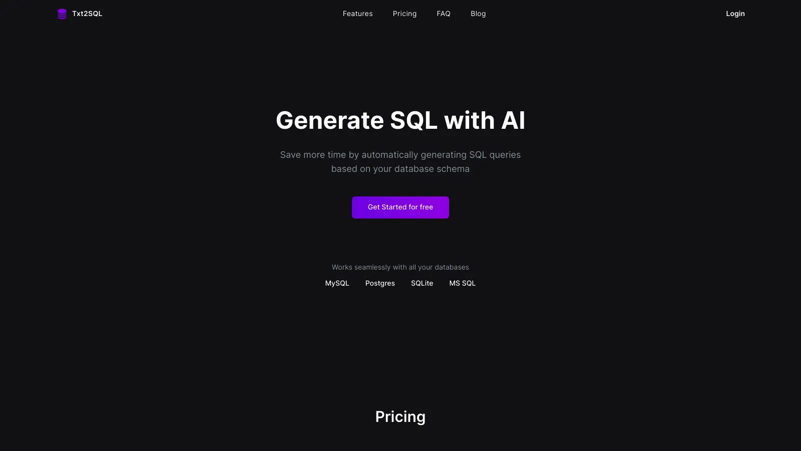 Featured image of Txt2SQL website